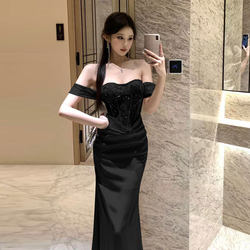 Socialite Style Hot Girl Sexy Off-Shoulder Lace Evening Dress Bodycon Dress High-End Elegant Long Dress