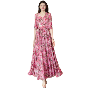 2026 Spring and Summer V-neck Printed Dress Waist Slimming Long Skirt Mother's Short Short Beach Skirt for Little People