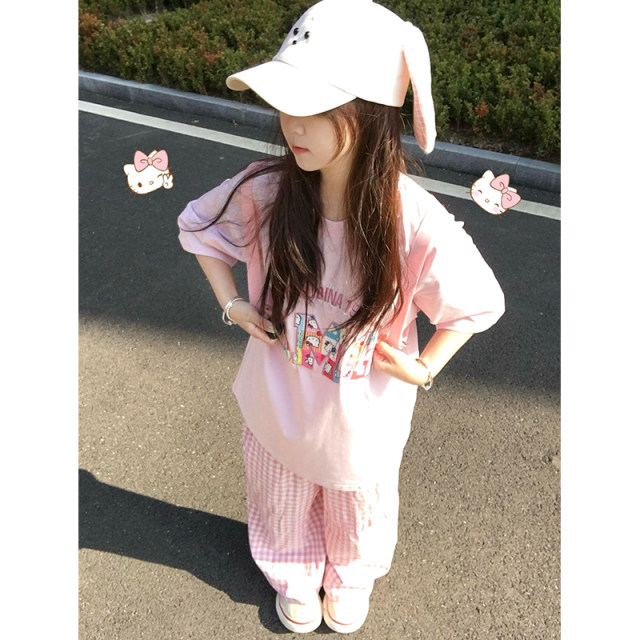 
National trend brand kitten patch embroidered letters pink short-sleeved T-shirt for women 2025 new summer loose half-sleeved top