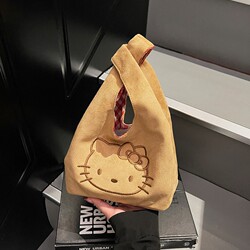 Korean Retro Kt Cat Cartoon Small Handbag for Women, Suitable for Daily Work Use, Cute and Portable Suede Miscellaneous Bag for Autumn and Winter