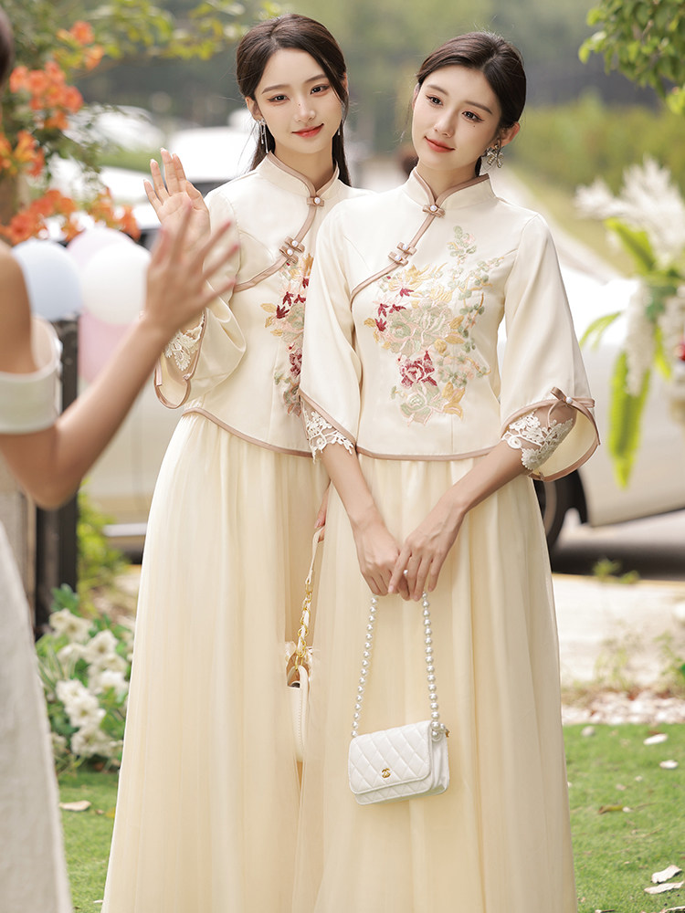 Jun Yingxian Chinese Bridesmaid Dress Long Sleeve Slim Fit Cheongsam