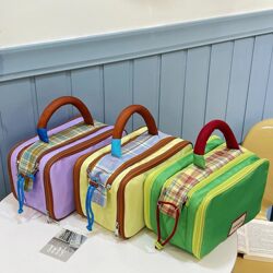 New Dopamine Plaid Color-Blocking Makeup Bag, Large Capacity Portable Travel Storage Bag, Waterproof Toiletry Bag