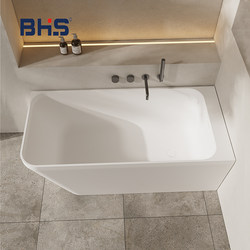 Bhs Freestanding Artificial Stone Bathtub for Home Use, White Rectangular Modern Minimalist Bathtub, One-Piece Molding, Odor-Free