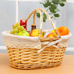Wicker Storage Basket, Rattan Fruit Basket, Portable Vegetable Basket, Picnic Storage Basket, Extra Large with Lining Fabric for Grocery Shopping