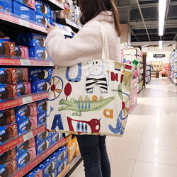 Supermarket Shopping Bag, Foldable, Portable, Large Capacity, Sturdy Canvas Bag, Cartoon Print, Tote Bag for Grocery Shopping, Eco-Friendly Bag