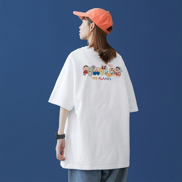Tide brand summer new cartoon pattern pure cotton round neck white short -sleeved T -shirt women loose and versatile thin top
