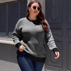 
Large size striped slit sweater women's all-match pullover long-sleeved loose knitted top women's new style