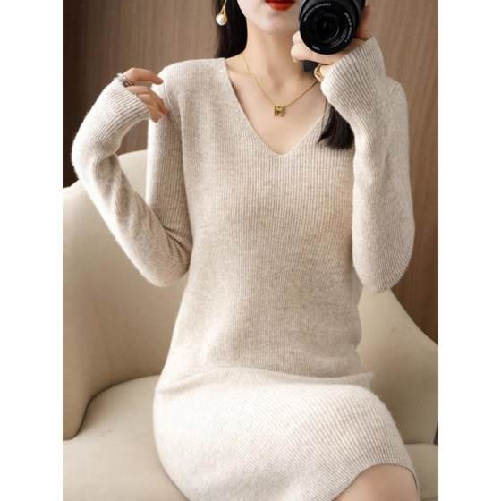 
Mid-length sweater for women in autumn and winter new V-neck straight loose inner skirt wool base shirt knitted dress