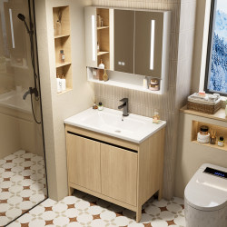Solid Wood Space Aluminum Bathroom Cabinet with Integrated Ceramic Washbasin, Floor-Standing Washbasin, Bathroom Vanity