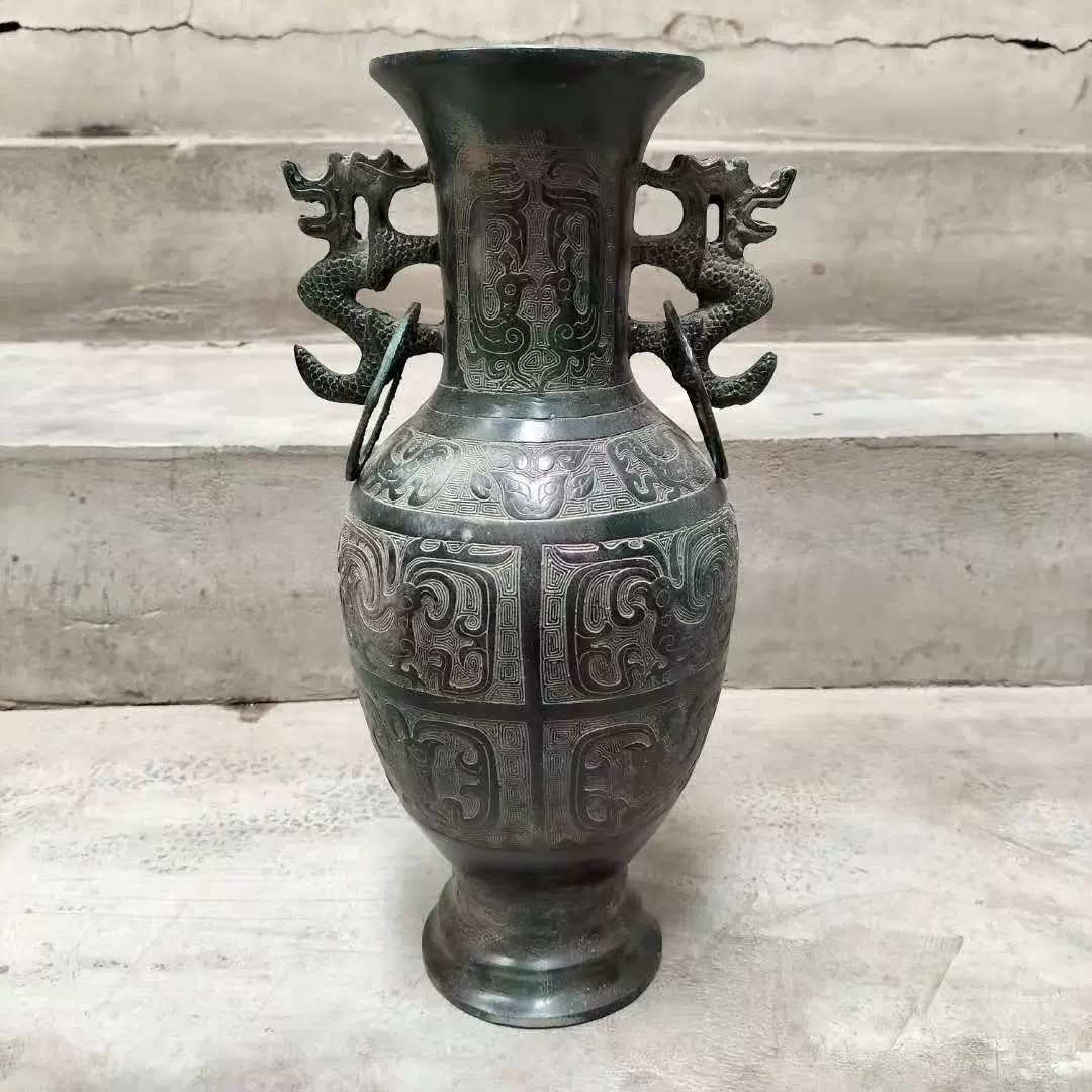 仿古青铜器双龙瓶现代工艺品做旧摆件家居饰品青铜双龙樽-Taobao
