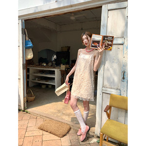 Source With U Champagne Rose Exquisite Temperament Sequin Sling Dress High Waist Short A-line Half skirt