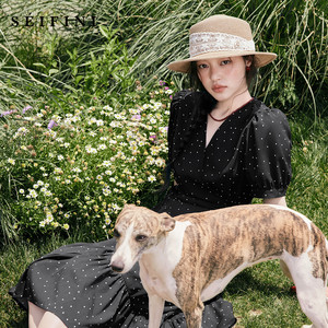 Shifanli French polka dot wrap dress 25 summer new V-neck lace-up puff sleeves ruffled midi skirt