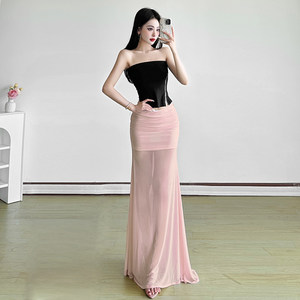 
SylCue Sweet Cool Hot Girl Style Sexy Mesh Splicing High Waist Slim Skirt Versatile Slim Fishtail Skirt for Women