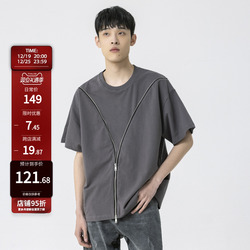 New Factor Solid Color Round Neck Short-sleeved Men's Trendy Design V-shaped Zipper Dark Gray Loose Casual Top T-shirt For Women
