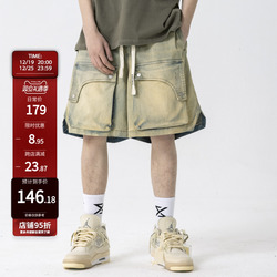 New Factor Yellow Mud Dyed Workwear Denim Shorts Men's Trendy Brand Design High Street Hip-hop Washed And Distressed Five-point Pants
