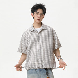 
Contrast plaid boxy short-sleeved shirt for men summer new style adjustable hem loose casual small plaid shirt jacket