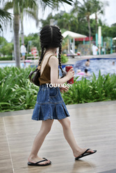 Toukids 2023 New Summer Girls' Back Knotted Vest Children's Classic Denim Pleated Skirt Half Body