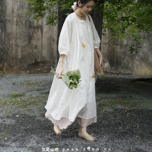 
Vacation style relaxed fairy dress white cotton long loose wealthy daughter shirt skirt round neck sun protection