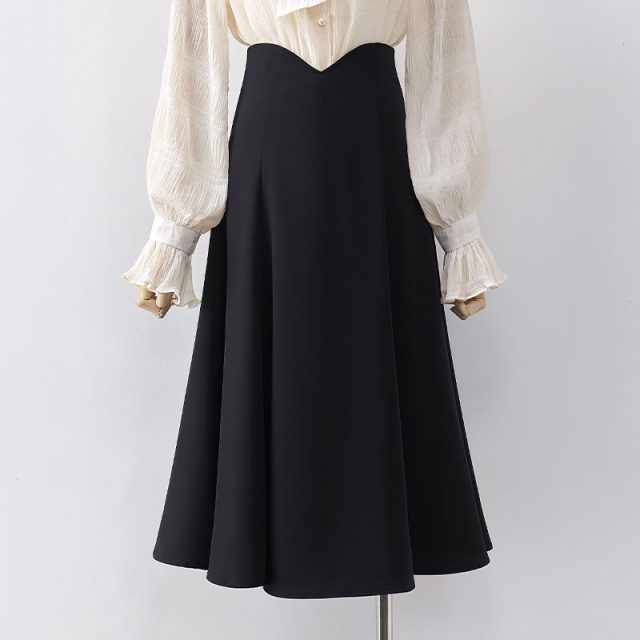 Commuting professional black suit skirt for women spring and summer design niche over knee long skirt high waist A-line large hem skirt