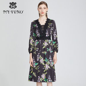 
Ma Tiannu women's autumn floral lace high waist swing to make you look slim and knee-length chiffon dress fashionable