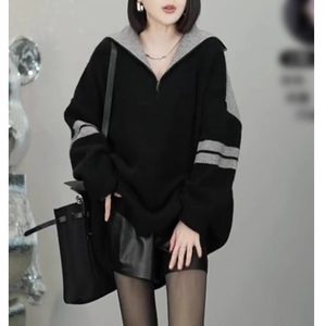 
European high-end contrasting color stand collar mid-length pullover sweater for women's thin spring and autumn new loose lazy style top