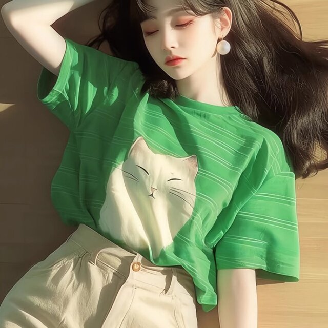 Green striped short-sleeved T-shirt for women 2025 new hot summer loose dopamine fashionable age-reducing top
