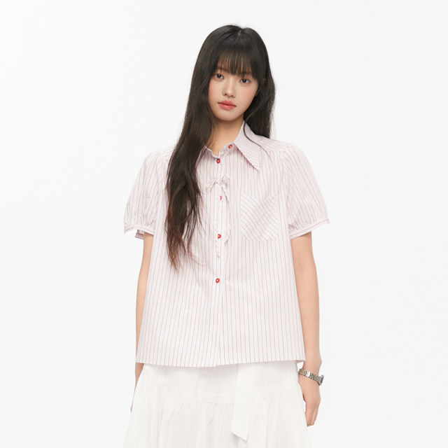 Pink ers co-branded summer age-reducing red striped bow short-sleeved design puff sleeve shirt for women

