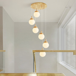 Natural Wood Style Spherical Staircase Chandelier Nordic Loft Apartment Living Room Large Open Space Duplex Staircase Rotating Long Chandelier
