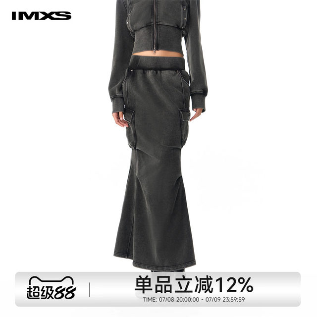 IMXS mid-length workwear knitted half-body long skirt fish tail slim fit casual wash water old pocket skirt for women