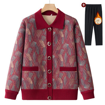 
Elderly women's sweater cardigan winter new mother's velvet warm clothes old man's coat and wife's top