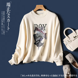 Lightweight Round Neck Sweatshirt for Women, Spring and Autumn, Printed Short Style, Casual Lazy Style, Loose Fit, Pure Cotton Pullover Top