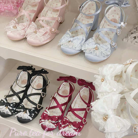 
Spot chanson cream thin sole mid heel white tea dream small round toe mid heel bow high heels women's shoes