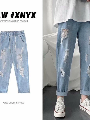 부 사이즈 사이즈 9 찢청바지 남자 한국 판 와이드 학생 여름 허리 밴딩 찢청바지 찢청바지