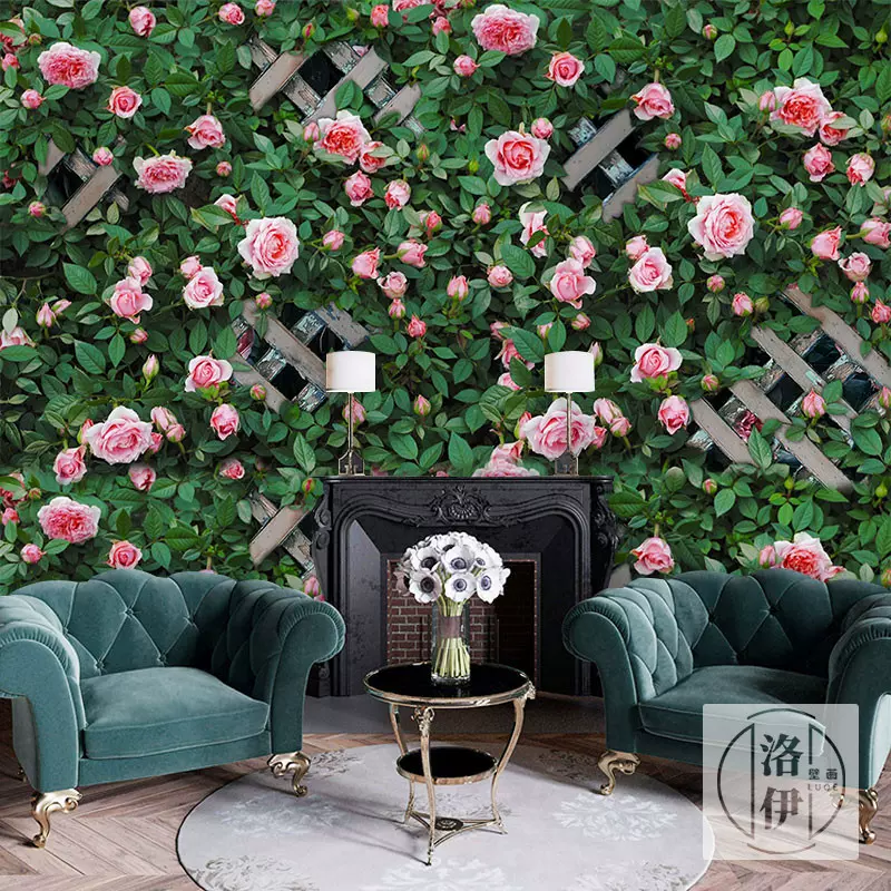 田园花店植物墙纸蔷薇花卉立体花朵壁布3d背景墙鲜花玫瑰