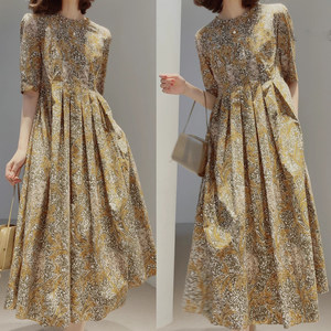 
M's 100% cotton printed high-waisted short-sleeved dress pullover round neck mid-length a-line skirt with large hem 2025 summer style