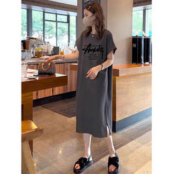 Maternity Summer Dress, Pure Cotton Dress, Loose and Fashionable Short-Sleeved T-Shirt Dress, Large Size Casual Outing Thin Slit Long Skirt