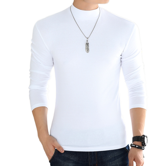 Half -high -necked bottom shirt men's pure cotton T -shirt solid color slimming simple leisure collar long sleeves with thick top
