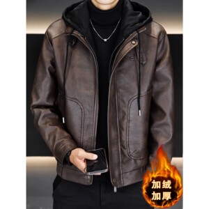 
Haining plus fleece leather jacket men's autumn and winter youth casual trend motorcycle hooded jacket fashionable fake two-piece leather jacket