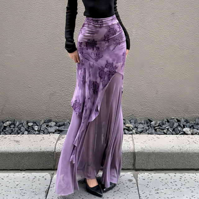 Eilove purple charm new Chinese -style printed skirt feminine slim body mesh stitching irregular fishtail skirt
