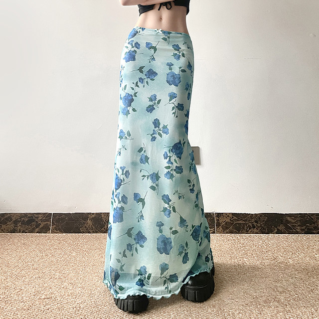 eilove French retro temperament mesh straight long skirt women's vacation style blue rose printed slim skirt