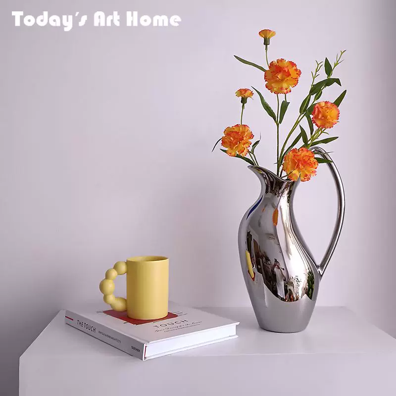 TODAYART现代银色花瓶壶形陶瓷花器高级感客厅电视柜装饰设计摆件