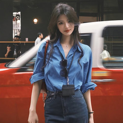 Hong Kong Style Retro Blue Long-Sleeved Shirt for Women, New Autumn Style, High-End Polo Collar Shirt, Loose and Elegant Top