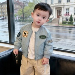 Boys' Spring New Aqua Blue Jacket Children's Casual Baseball Jacket Zipper Jacket Trendy Cool Stylish Patch Cardigan