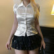 IUAE fashionable pearl white French polka dot satin short-sleeved shirt for women polo collar and waist-tightening cardigan
