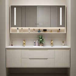 Ceramic Integrated Double Basin Oak Bathroom Cabinet French Style Washbasin Set with Seamless Rock Slab Basin Wholesale