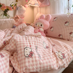ins Wind Girl Kt Cat Washed Cotton Four-Piece Set Pure Cotton Duvet Cover Bed Sheet Student Dormitory Three-Piece Set 1.5