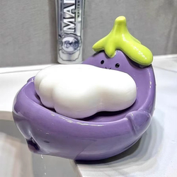 Eggplant soap box in the toilet, ceramic drainable, funny and cute soap box that does not accumulate water, bathroom storage artifact