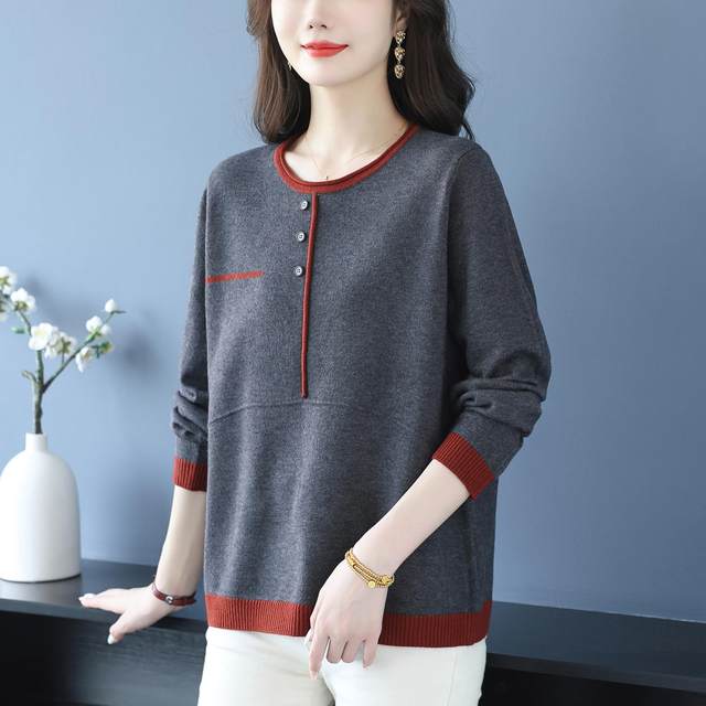 
Mom's clothing autumn low round neck sweater women's loose large size belly-covering top casual age-reducing spring and autumn bottoming sweater
