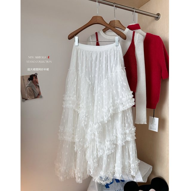 Fairy white lace skirt for women in spring, autumn and winter new A-line gauze skirt sweet princess fluffy cake long skirt