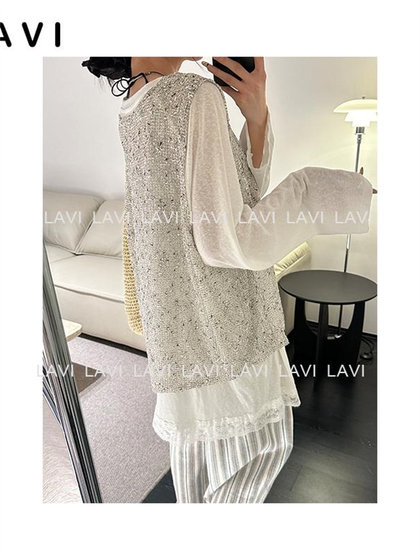 韩版松弛感套装女印花长袖上衣减龄穿搭一整套新款外搭网格马甲潮